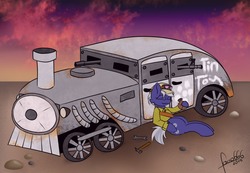 Size: 1300x900 | Tagged: safe, artist:foxxo666, oc, oc only, oc:gear indust, pony, fallout equestria, armored car, fallout equestria: the rejected ones, gun, machine gun, steam car, tools, vehicle, wasteland, weapon