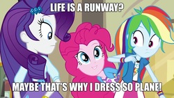 Size: 1280x720 | Tagged: safe, edit, edited screencap, screencap, pinkie pie, rainbow dash, rarity, equestria girls, g4, life is a runway, my little pony equestria girls: friendship games, bad pun, caption, clothes, dialogue, image macro, pun, text, wide eyes