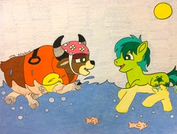 Size: 3691x2805 | Tagged: safe, artist:jamestkelley, sandbar, yona, earth pony, fish, pony, yak, g4, bubble, cloven hooves, colored pencil drawing, female, happy, high res, horns, lifejacket, male, ocean, ship:yonabar, shipping, splash, straight, sun, swimming, teaching, traditional art, water wings