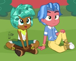 Size: 1080x864 | Tagged: safe, artist:rjp.rammy, biscuit, spur, equestria girls, g4, growing up is hard to do, bandana, belt, boots, bracelet, clothes, converse, cousins, cute, duo, equestria girls-ified, female, freckles, grass, jeans, jewelry, male, open mouth, pants, shirt, shoes, shorts, socks, spurbetes, weapons-grade cute, wristband