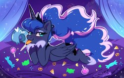 Size: 1900x1200 | Tagged: safe, artist:oofycolorful, princess luna, alicorn, pony, g4, bedroom eyes, blushing, candy, cute, digital art, female, food, halloween, heart, holiday, hoof on chin, lollipop, looking at you, lunabetes, mare, mouth hold, prone, solo, sploot