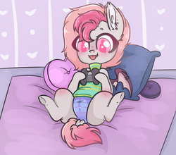 Size: 1228x1080 | Tagged: safe, artist:adelfrey, oc, oc only, oc:candy quartz, bat pony, pony, :p, bat pony oc, blanket, clothes, controller, cute, dock, ear piercing, fangs, female, gaming, panties, piercing, pillow, shaved mane, silly, solo, spread legs, spreading, sweater, tongue out, turtleneck, two toned mane, two toned wings, underhoof, underwear, video game, wing piercing, wings