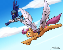 Size: 1920x1505 | Tagged: safe, artist:shieltar, scootaloo, oc, pegasus, pony, g4, amputee, artificial wings, augmented, eyepatch, flying, male, mechanical wing, older, older scootaloo, prosthetic limb, prosthetic wing, prosthetics, scootaloo can fly, song in the comments, stallion, wings