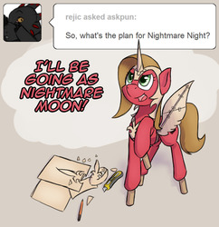 Size: 773x800 | Tagged: safe, artist:hieronymuswhite, oc, oc only, oc:pun, pony, ask pun, ask, fake horn, fake wings, paper, solo