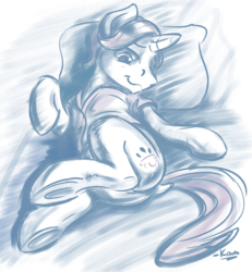 Size: 1307x1417 | Tagged: safe, artist:kam, november rain, pony, unicorn, g4, butt, cutie mark, dock, friendship student, horn, male, monochrome, pillow, plot, pose, signature, solo, stallion, tail