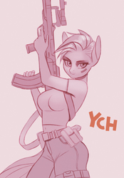 Size: 684x981 | Tagged: safe, artist:frieder1, pony, anthro, auction, commission, female, gun, weapon, your character here