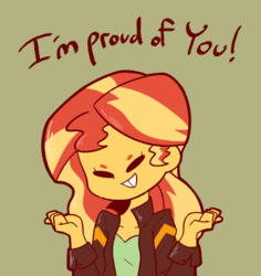 Size: 1031x1090 | Tagged: safe, artist:typhwosion, sunset shimmer, equestria girls, g4, beanbrows, cute, eyebrows, female, green background, motivational, positive message, positive ponies, shimmerbetes, simple background, smiling, solo