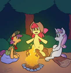 Size: 1465x1497 | Tagged: safe, artist:soulcentinel, apple bloom, scootaloo, sweetie belle, earth pony, pegasus, pony, unicorn, fanfic:twin fates, g4, campfire, camping, clothes, cover art, cutie mark crusaders, female, filly guides, fire, hooves, log, ribbon, rock, story in the source, story included, tree, uniform