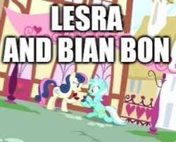 Size: 290x234 | Tagged: safe, edit, edited screencap, screencap, bon bon, lyra heartstrings, sweetie drops, earth pony, pony, unicorn, g4, the big mac question, background characters doing background things, background pony, caption, duo, female, image macro, impact font, it happened, lesbian, mare, marriage proposal, pun, ship:lyrabon, shipping, text