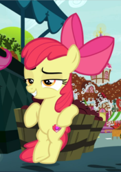 Size: 660x940 | Tagged: safe, screencap, apple bloom, earth pony, pony, the big mac question, bipedal, bipedal leaning, bow, cool, cropped, female, filly, hair bow, leaning, lidded eyes, offscreen character, raised eyebrow, smiling, smirk, smug, solo focus, sugarcube corner
