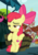 Size: 660x940 | Tagged: safe, screencap, apple bloom, earth pony, pony, g4, the big mac question, bipedal, bipedal leaning, bow, cool, cropped, female, filly, hair bow, leaning, lidded eyes, offscreen character, raised eyebrow, smiling, smirk, smug, solo focus, sugarcube corner