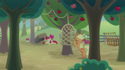 Size: 1920x1080 | Tagged: safe, screencap, apple bloom, applejack, earth pony, pony, g4, going to seed, apple, apple tree, box, cage, net, trap (device), tree
