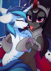 Size: 1800x2500 | Tagged: safe, artist:shadowreindeer, king sombra, shining armor, pony, unicorn, g4, :p, bed, cuddling, cute, duo, eyes closed, female, gleamibetes, gleaming shield, heart, lesbian, lidded eyes, looking at you, mare, onomatopoeia, open mouth, queen umbra, r63 shipping, rule 63, rule63betes, shining adorable, ship:shiningsombra, ship:umbrashield, shipping, sleeping, sound effects, tongue out, umbradorable, zzz