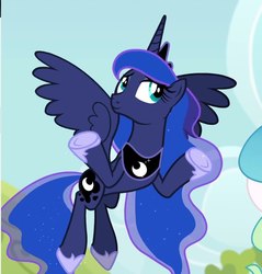 Size: 767x801 | Tagged: safe, screencap, princess luna, alicorn, pony, between dark and dawn, g4, cropped, crown, cutie mark, ethereal mane, eyeshadow, female, flowing mane, flying, hoof shoes, jewelry, makeup, mare, regalia, shrug, smiling, solo focus, spread wings, wings