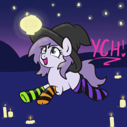 Size: 2100x2100 | Tagged: safe, artist:lannielona, pony, advertisement, candle, clothes, commission, female, grass, hat, high res, lantern, looking up, mare, night, prone, socks, solo, striped socks, witch, witch hat, your character here