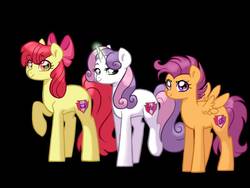 Size: 800x600 | Tagged: safe, artist:evergreen-gemdust, apple bloom, scootaloo, sweetie belle, earth pony, pony, g4, growing up is hard to do, apple bloom's bow, black background, bow, cutie mark crusaders, hair bow, older, older apple bloom, older cmc, older scootaloo, older sweetie belle, simple background
