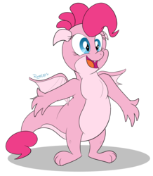 Size: 1942x2228 | Tagged: safe, artist:rupert, pinkie pie, dragon, g4, cute, cute little fangs, diapinkes, dragonified, fangs, pinkiedragon, species swap, transformed, wings