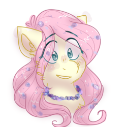 Size: 768x768 | Tagged: safe, artist:fluttershyfilly-yay, fluttershy, pony, g4, blushing, bust, ear fluff, female, flower, flower in hair, jewelry, mare, necklace, outline, portrait, simple background, smiling, solo, three quarter view, transparent background, white outline
