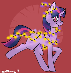 Size: 1935x2000 | Tagged: safe, artist:lowname, twilight sparkle, pony, unicorn, g4, abstract background, female, mare, smiling, solo, string lights
