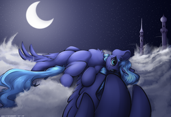 Size: 4000x2750 | Tagged: safe, artist:hitbass, artist:skitsroom, princess luna, alicorn, pony, g4, belly, chest fluff, cloud, cloudscape, collaboration, crescent moon, featureless crotch, female, foreshortening, high res, looking at you, lying on a cloud, mare, moon, night, on back, outdoors, s1 luna, see-through moon, smiling, solo, spread wings, tower, wings