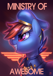 Size: 1754x2480 | Tagged: safe, artist:jedayskayvoker, part of a set, rainbow dash, pegasus, pony, fallout equestria, g4, bust, clothes, fanfic, fanfic art, female, grin, hat, mare, ministry mares, ministry of awesome, pilot, portrait, poster, smiling, solo, uniform, wings