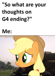 Size: 1116x1540 | Tagged: safe, edit, applejack, earth pony, pony, g4, spoiler:red dead redemption 2, end of ponies, fear, meme, red dead redemption 2, spoilers for another series