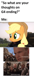 Size: 1112x2480 | Tagged: safe, edit, applejack, earth pony, pony, g4, spoiler:red dead redemption 2, end of ponies, fear, meme, red dead redemption 2, spoilers for another series, starship troopers