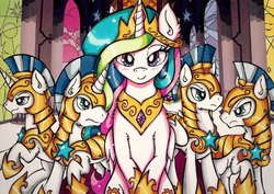 Size: 2048x1450 | Tagged: safe, artist:canvymamamoo, princess celestia, alicorn, earth pony, pegasus, pony, unicorn, g4, armor, crown, female, helmet, hoof shoes, jewelry, looking at you, male, mare, peytral, regalia, royal guard, smiling, stained glass, stallion