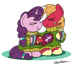 Size: 1450x1291 | Tagged: safe, artist:bobthedalek, big macintosh, sugar belle, earth pony, pony, unicorn, g4, the big mac question, boop, cider, clothes, cute, duo, eyes closed, female, implied hoof holding, macabetes, male, mare, newlywed, noseboop, shared clothing, ship:sugarmac, shipping, simple background, stallion, straight, sugarbetes, sweater, tankard, white background