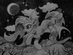 Size: 2048x1536 | Tagged: safe, fluttershy, bat pony, pony, g4, apple, bat ponified, crescent moon, fangs, female, flutterbat, flying, food, grayscale, inktober, inktober 2019, mare, monochrome, moon, night, pencil drawing, race swap, solo, traditional art