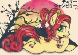 Size: 2317x1635 | Tagged: safe, artist:canvymamamoo, cherry jubilee, earth pony, pony, g4, dock, female, heart eyes, lidded eyes, looking at you, mare, open mouth, prone, smiling, solo, traditional art, wingding eyes