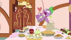 Size: 1920x1080 | Tagged: safe, screencap, spike, dragon, g4, the big mac question, apple, claws, cupcake, faic, flour, food, male, paper, pie, solo, spread toes, table, winged spike, wings