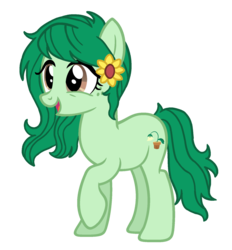 Size: 1608x1736 | Tagged: safe, artist:flipwix, artist:pegasski, wallflower blush, earth pony, pony, equestria girls, g4, base used, equestria girls ponified, female, flower, flower in hair, freckles, mare, messy mane, open mouth, ponified, raised hoof, simple background, smiling, solo, transparent background