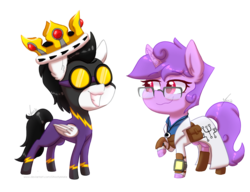 Size: 1200x922 | Tagged: safe, artist:ghostlymarie, oc, oc only, oc:pipe dream, oc:technical circuits, pegasus, pony, unicorn, fallout equestria, armor, chibi, clothes, commission, costume, couple, cracked horn, crossover, crown, cutie mark, glasses, goggles, horn, jewelry, lab coat, necklace, pipbuck, red eyes, regalia, shadowbolts, shadowbolts costume