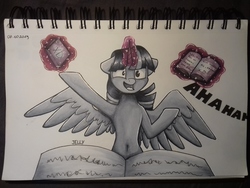 Size: 3264x2448 | Tagged: safe, artist:jellysketch, twilight sparkle, alicorn, pony, g4, black and white, book, eyes open, female, grayscale, high res, inktober, inktober 2019, insanity, laughing, magic, marker drawing, monochrome, open mouth, solo, traditional art, twilight sparkle (alicorn)