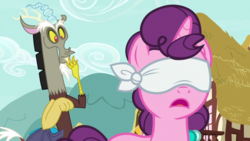 Size: 1920x1080 | Tagged: safe, screencap, discord, sugar belle, g4, the big mac question, blindfold, out of context