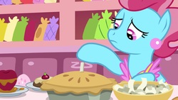 Size: 1920x1080 | Tagged: safe, screencap, cup cake, earth pony, pony, g4, the big mac question, apple, apron, clothes, ear piercing, earring, female, food, jewelry, mare, paper, pie, piercing, solo