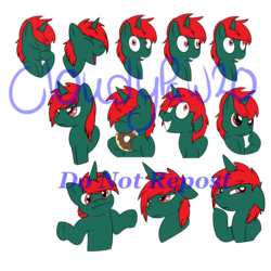 Size: 5000x5000 | Tagged: safe, artist:cloudypaw20, oc, oc only, oc:shepherd, alicorn, pegasus, pony, unicorn, donut, emoji, expressions, facehoof, food, horn, male, red mane, red tail, shepherd of fire, shocked, shrug, solo