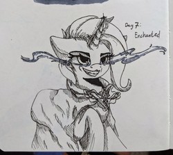 Size: 2193x1956 | Tagged: safe, artist:midnight-note, trixie, pony, unicorn, g4, alicorn amulet, female, glowing eyes, grin, inktober, smiling, solo, traditional art