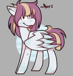 Size: 1613x1680 | Tagged: artist needed, safe, oc, oc only, oc:andra, pegasus, pony, fangs, female, looking at you, scratches, simple background, solo, text, tongue out