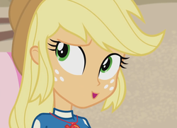 Size: 1494x1080 | Tagged: safe, screencap, applejack, equestria girls, equestria girls series, g4, lost and found, applejack's hat, beach, clothes, cowboy hat, cropped, cute, female, freckles, geode of super strength, hat, jackabetes, looking at you, magical geodes, outdoors, solo, swimsuit