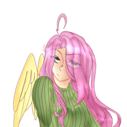 Size: 768x768 | Tagged: safe, artist:patatadekawaii, fluttershy, human, g4, breasts, busty fluttershy, clothes, eye clipping through hair, female, fluttershy is not amused, hair over one eye, humanized, solo, sweater, sweatershy, unamused, wingding eyes