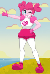 Size: 1700x2500 | Tagged: safe, artist:mashoart, pinkie pie, equestria girls, g4, spoiler:steven universe: the movie, cartoon network, clothes, cosplay, costume, crossover, default spinel, female, gem, grass, grin, heart eyes, ocean, one eye closed, pinel, smiling, solo, spinel, spinel (steven universe), spoilers for another series, steven universe, steven universe: the movie, wingding eyes, wink
