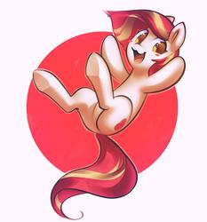 Size: 1201x1289 | Tagged: safe, artist:mirroredsea, oc, oc only, oc:poniko, earth pony, pony, g4, :3, abstract background, blush sticker, blushing, falling, featureless crotch, female, looking at you, mare, smiling, solo, underhoof