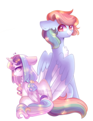 Size: 1280x1670 | Tagged: dead source, safe, artist:moon-rose-rosie, rainbow dash, oc, oc:celestial moon, pegasus, pony, unicorn, g4, alternate design, alternate universe, chest fluff, duo, father and daughter, female, magical lesbian spawn, male, moon, offspring, parent:rainbow dash, parent:twilight sparkle, parents:twidash, rainbow hair, rule 63, simple background, stars, transparent background