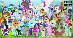 Size: 1200x630 | Tagged: safe, gameloft, amethyst gleam, amethyst skim, ammie thyst, applejack, blue note, bon bon, cauldron bubbles, chancellor neighsay, cloudchaser, dear darling, doctor horse, doctor stable, fizzle, fluttershy, glamor trot, ivy vine, jack hammer, lyra heartstrings, madden, natalya, nurse sweetheart, nurse tenderheart, queen birch, queen cleopatrot, queen novo, rainbow dash, rambler, sable spirit, silverstream, smolder, spike, star swirl the bearded, stormy flare, summer breeze, sweetie drops, terramar, toola roola, twilight sparkle, violet twirl, yona, deer, dragon, earth pony, griffon, hippogriff, pegasus, pony, unicorn, yak, g4, my little pony: the movie, 80's fashion, background pony, everypony, female, friendship student, guard, male, mare, night guard, s.m.i.l.e., secret agent sweetie drops, stallion, unnamed character, unnamed pony, winged spike, wings, young, young sable spirit, younger