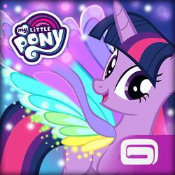 Size: 1024x1024 | Tagged: safe, gameloft, twilight sparkle, alicorn, pony, g4, my little pony: magic princess, my little pony: rainbow roadtrip, official, app icon, colored wings, female, gameloft logo, mare, multicolored wings, my little pony logo, rainbow wings, solo, twilight sparkle (alicorn), wing bling, wings