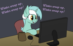 Size: 1616x1027 | Tagged: safe, artist:whiskeypanda, derpibooru exclusive, lyra heartstrings, pony, unicorn, g4, computer, computer mouse, computer screen, female, mare, mlp anniversary, monitor, mug, smiling, solo, winter wrap up song