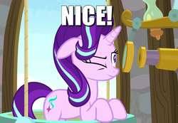 Size: 1280x886 | Tagged: safe, edit, edited screencap, screencap, starlight glimmer, pony, a matter of principals, g4, caption, female, image macro, inverted mouth, nice, smiling, solo, telescope, text