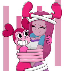 Size: 1700x1900 | Tagged: safe, artist:mashoart, pinkie pie, human, equestria girls, big breasts, breasts, busty pinkie pie, cartoon network, clothes, crossover, cute, eyes closed, female, grass, grin, heart eyes, hug, one eye closed, pinkamena diane pie, smiling, spinel (steven universe), spoilers for another series, steven universe, steven universe: the movie